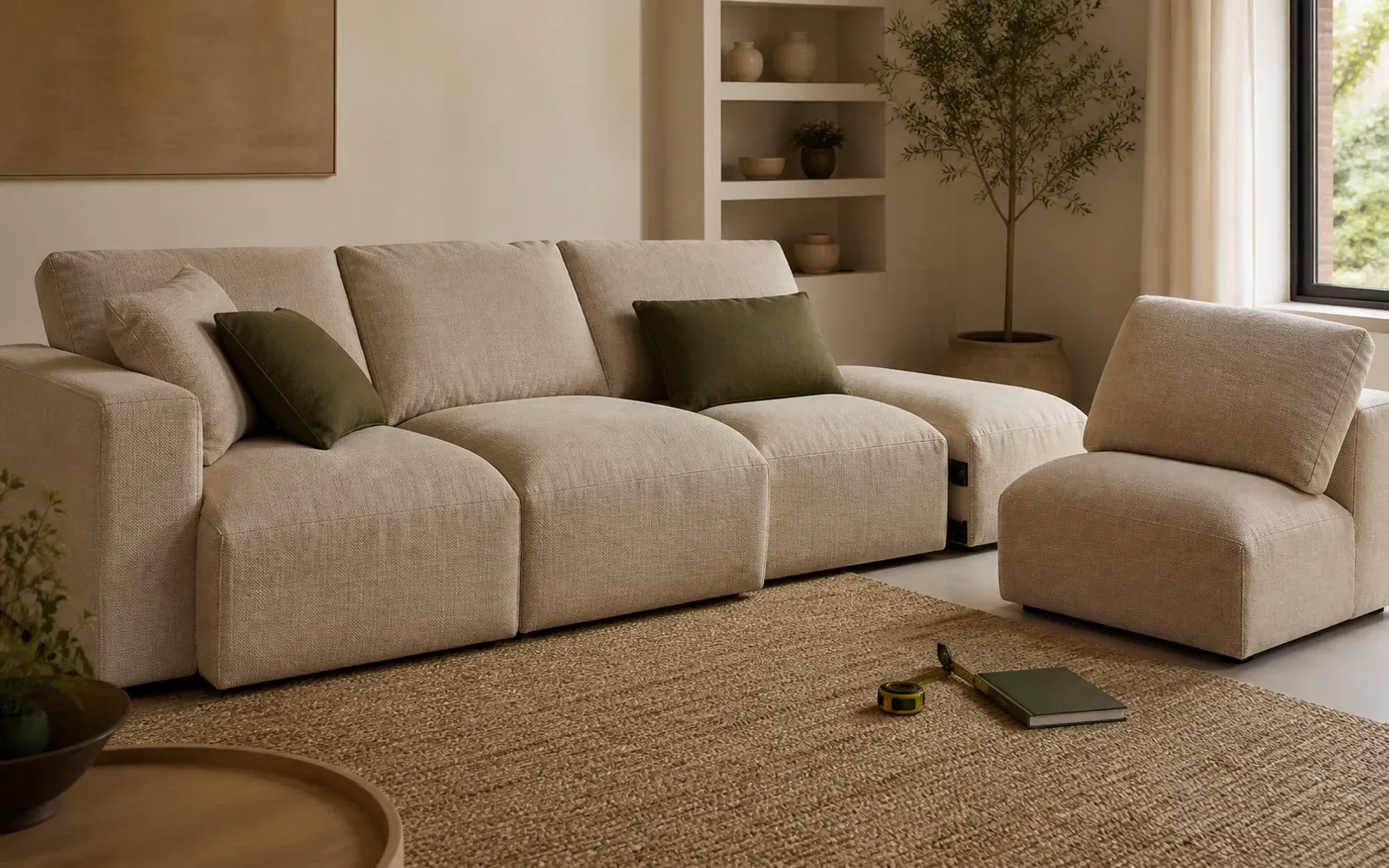 A deep-seat modular sofa in a calm living room with components arranged for inspection and secondhand buying