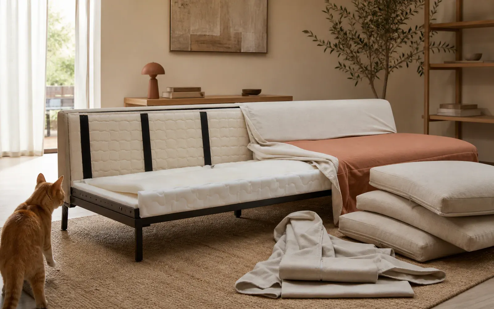 A compact washable modular sofa with removable slipcovers arranged in a pet-friendly apartment