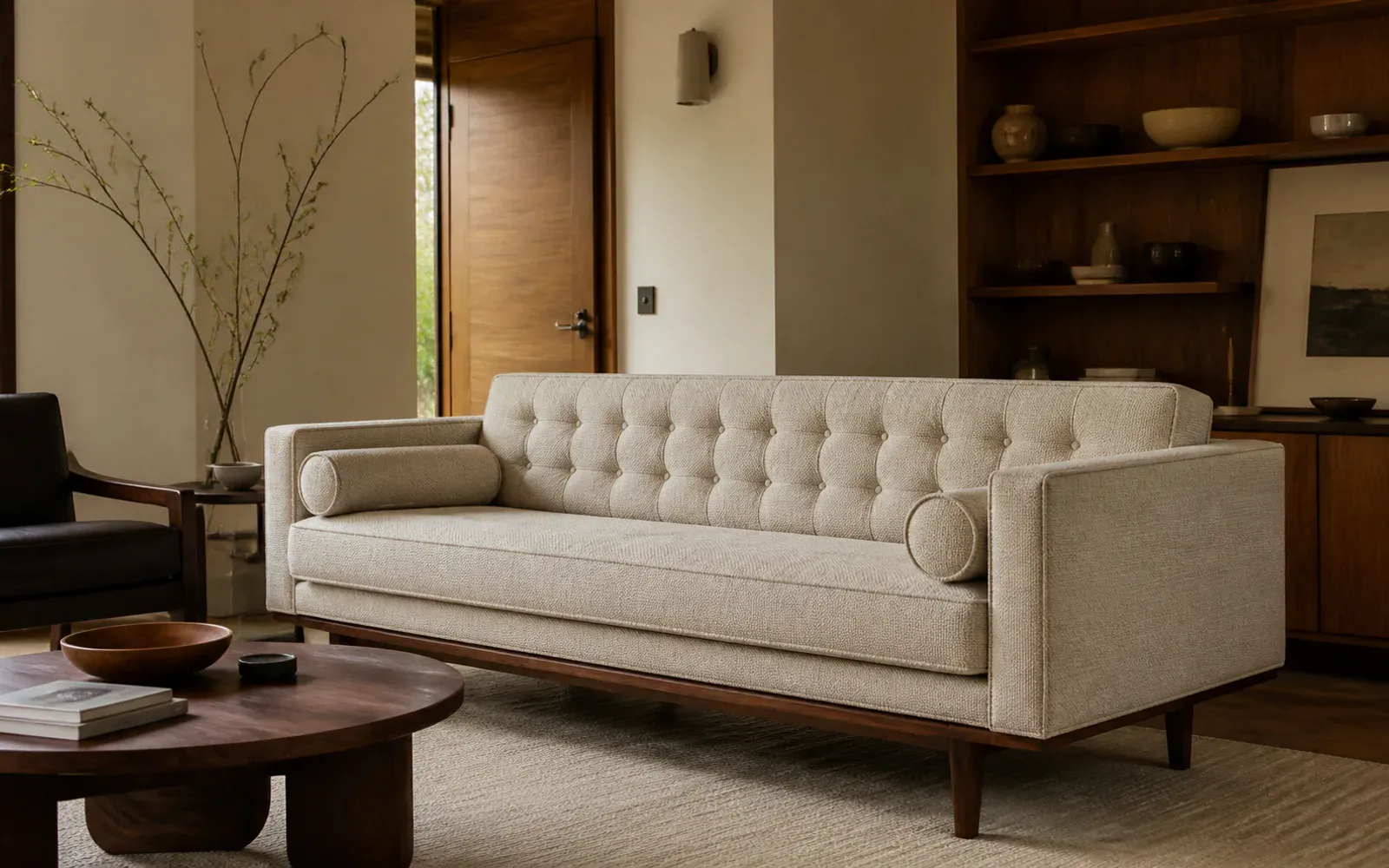 A refined mid-century living room with a tufted bench-seat sofa, walnut legs and warm neutral textiles