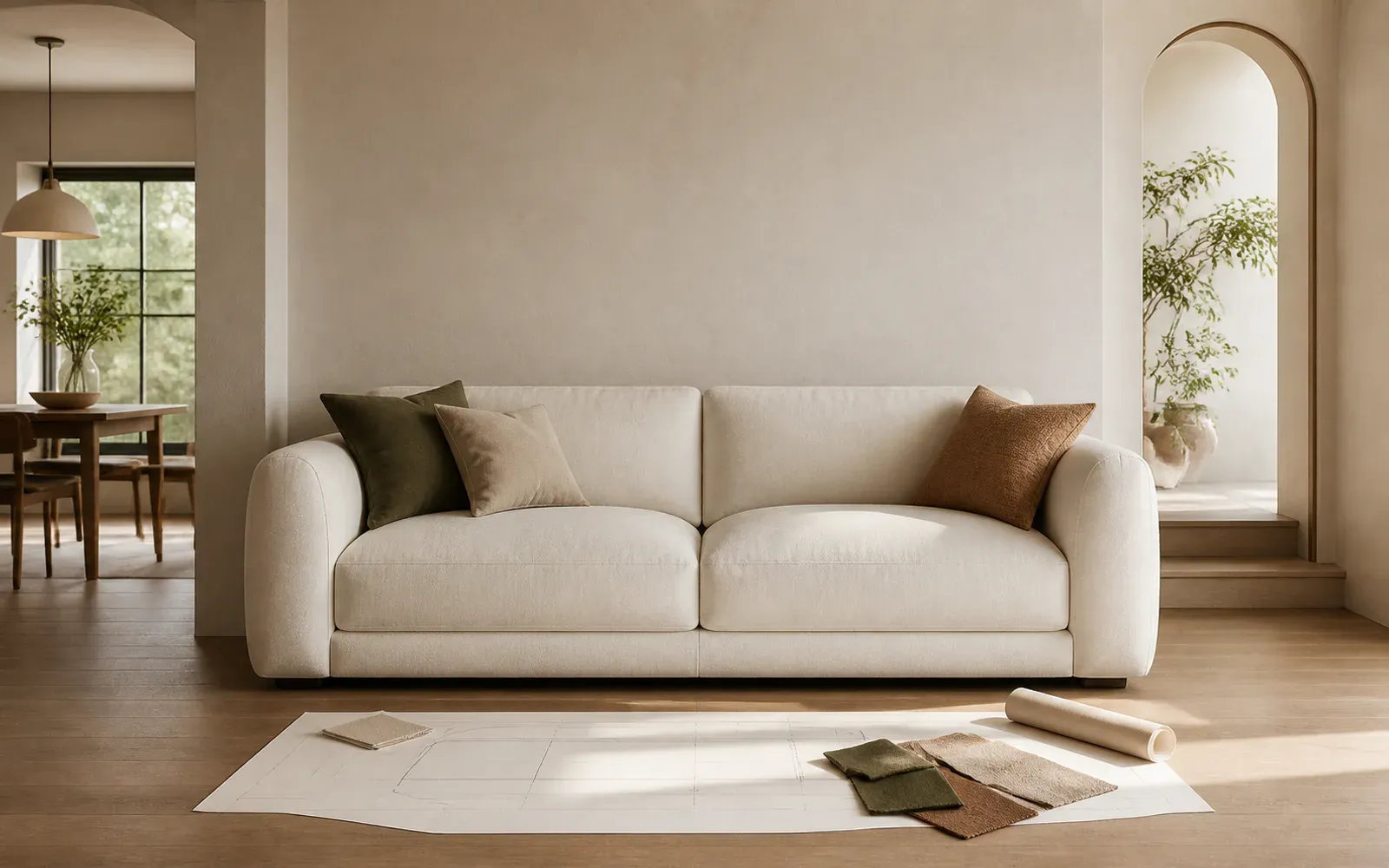 A custom-sized modern sofa precisely fitted between architectural features in a warm contemporary room