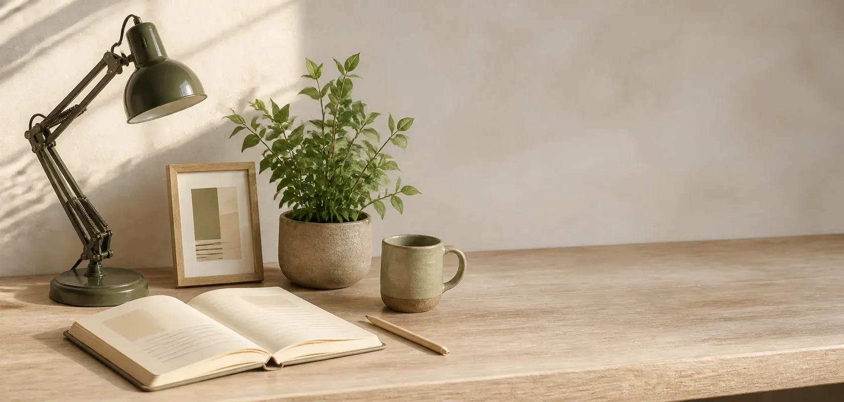 Editorial desk with lamp, notebook, plant and mug.