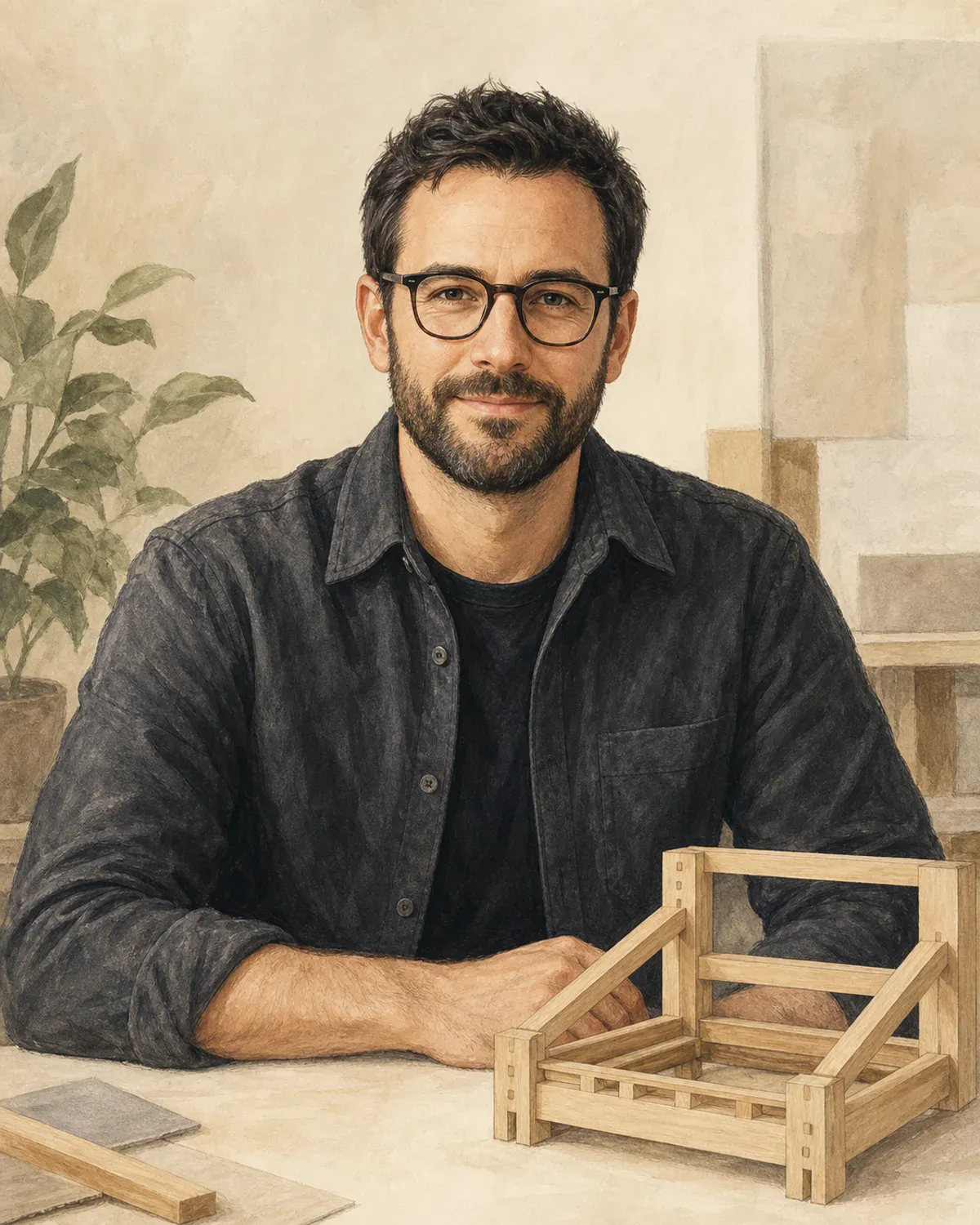 Illustrated portrait of Daniel Foster with a small frame model.