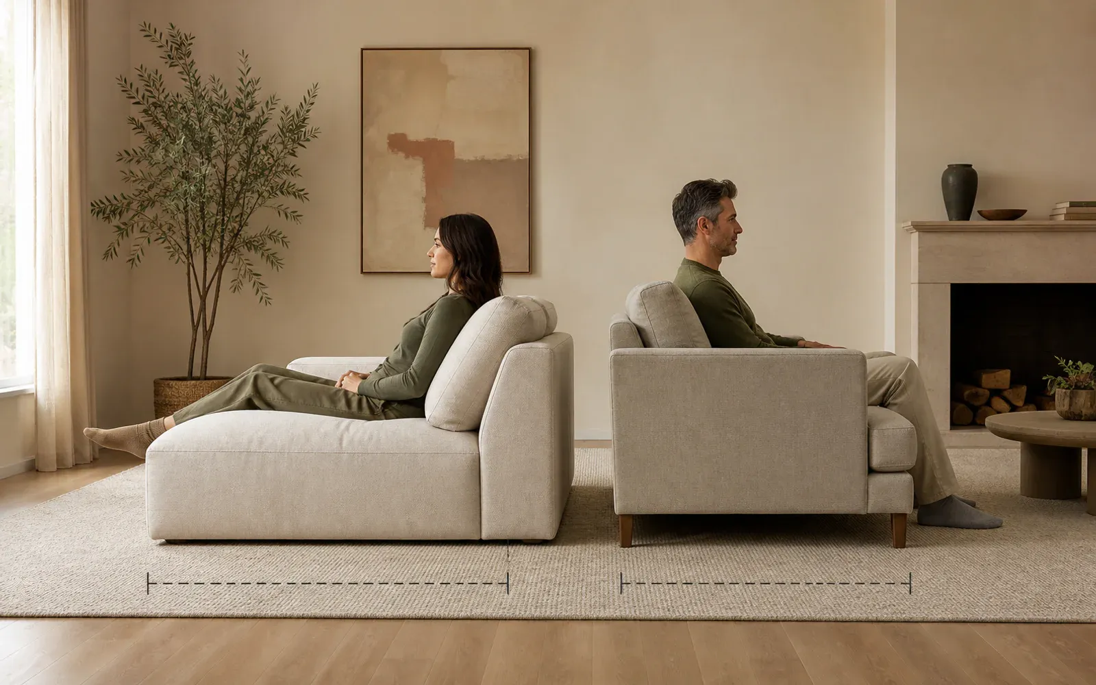A side-by-side living room comparison of a deep lounge sofa and a more upright standard-depth sofa