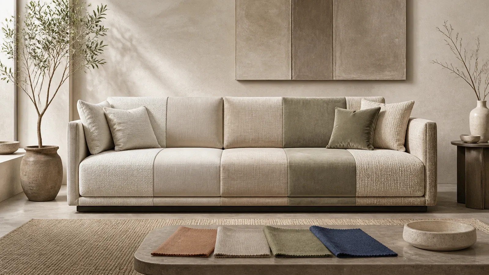 Editorial living room showing a contemporary sofa and several upholstery textures in warm neutral colors