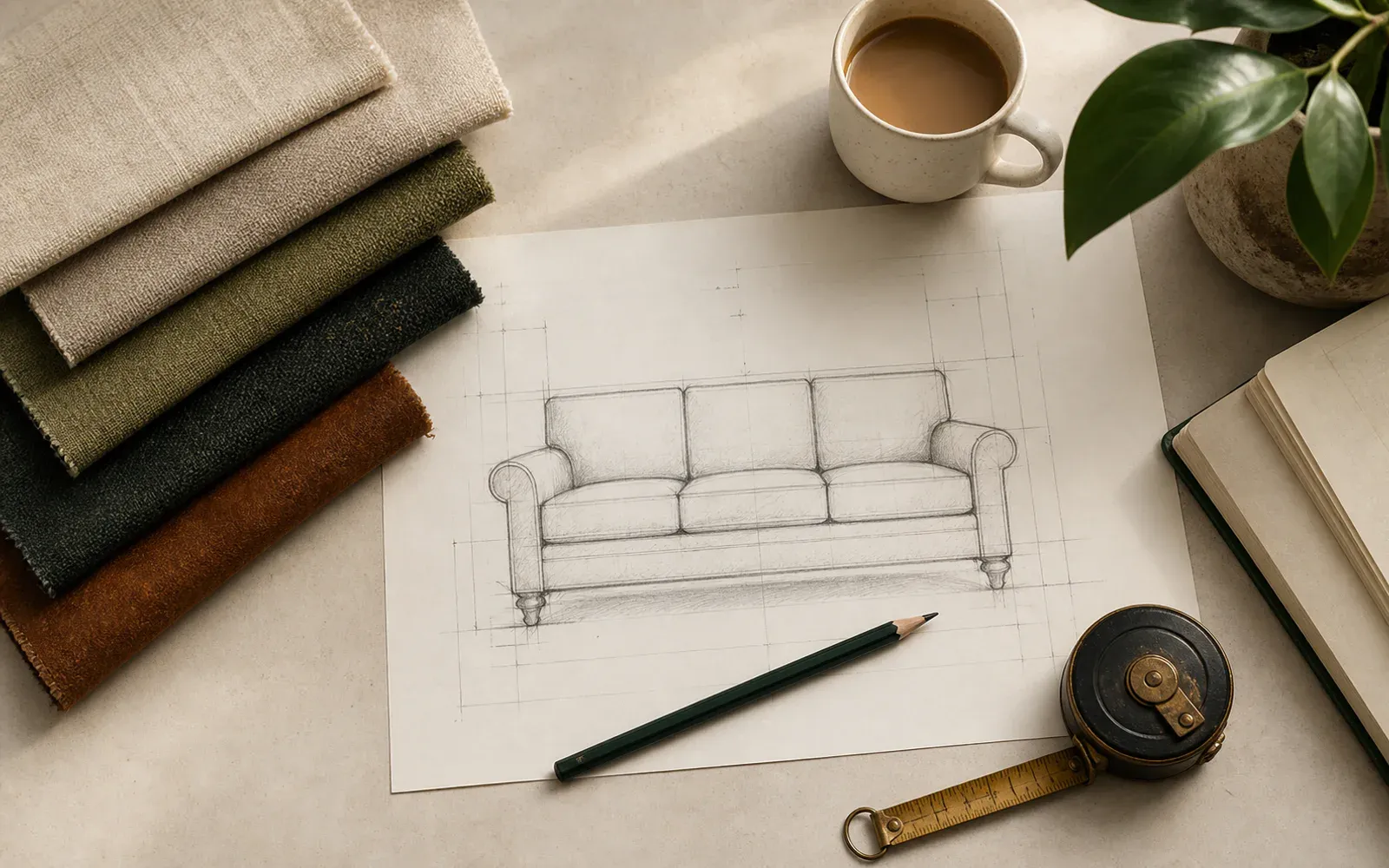 Overhead desk with sofa sketch, upholstery swatches, coffee and measuring tape.