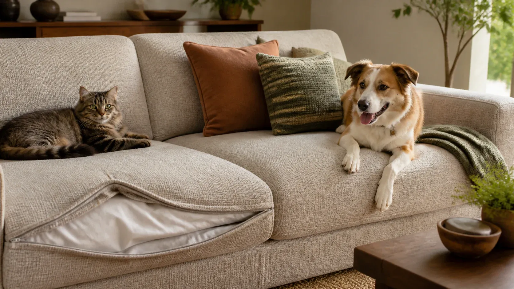 Cat and dog relaxing on a tightly woven neutral sofa in a warm living room