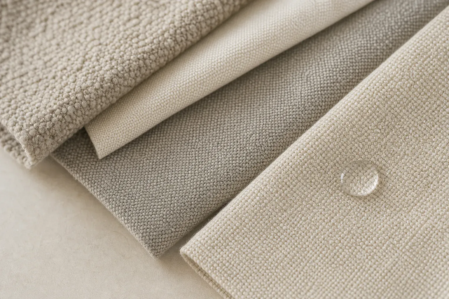 Layered upholstery swatches showing woven performance fabrics
