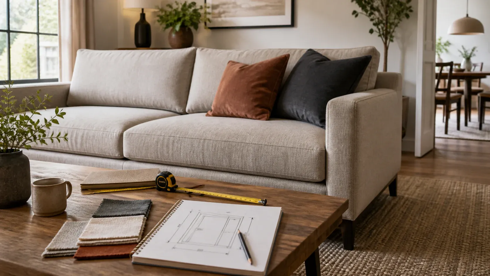 Neutral sofa with a tape measure, fabric swatches and room-planning materials