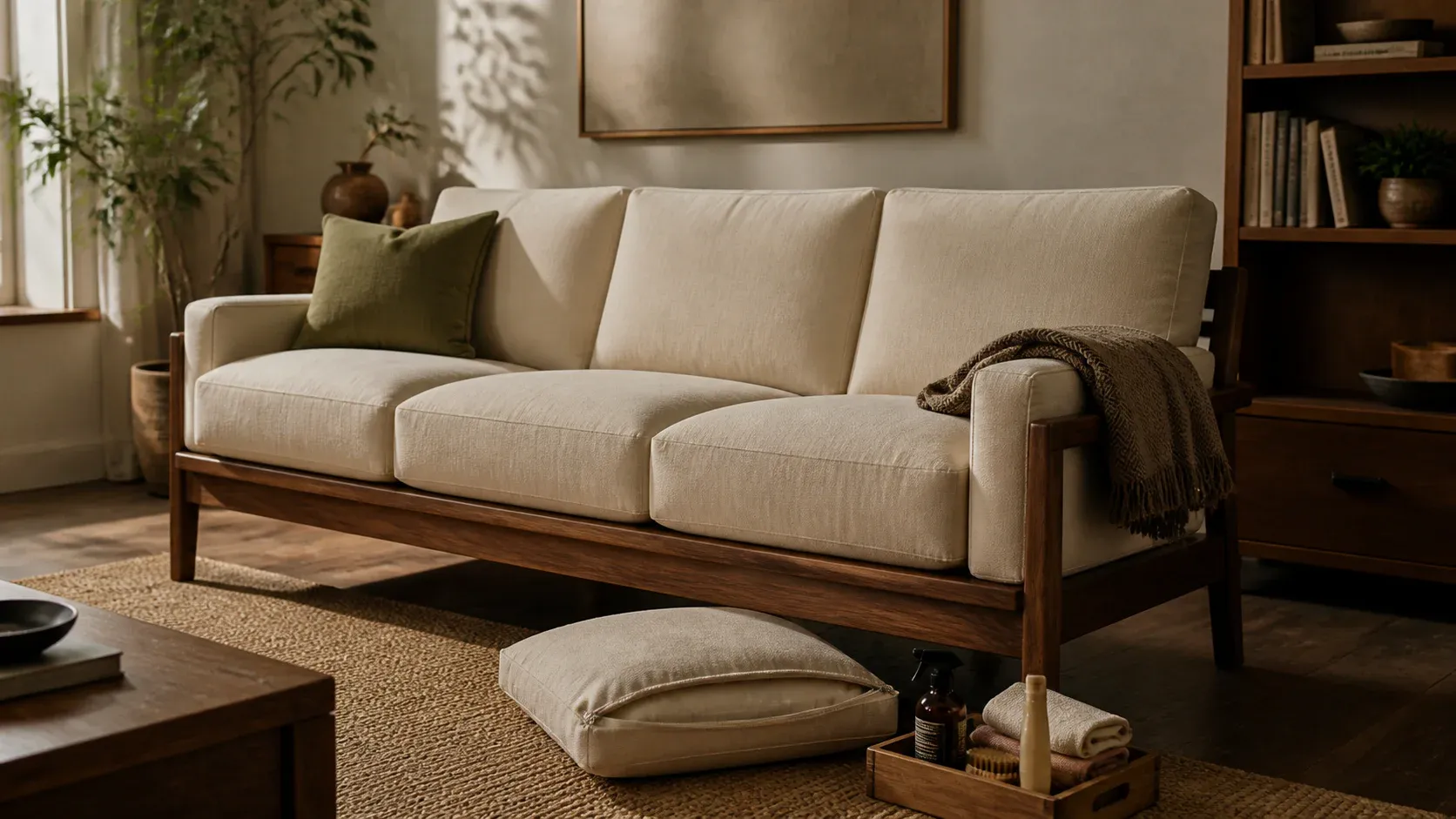 Well-maintained neutral sofa with durable wood details in a timeless living room