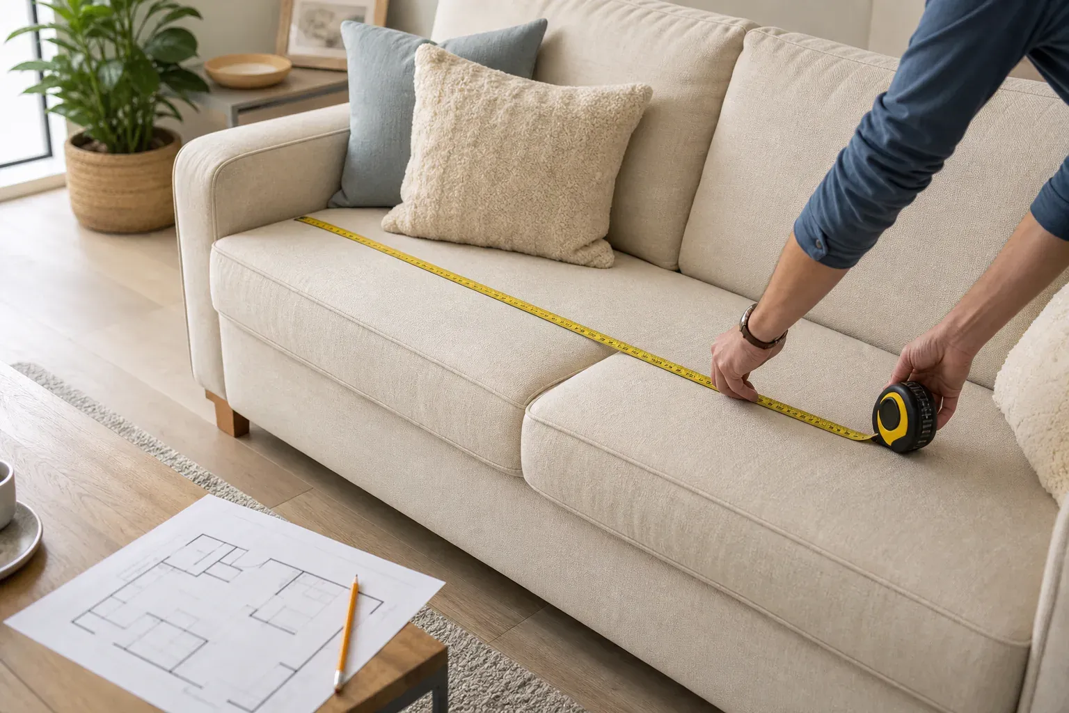 Tape measure and floor plan beside a compact sofa
