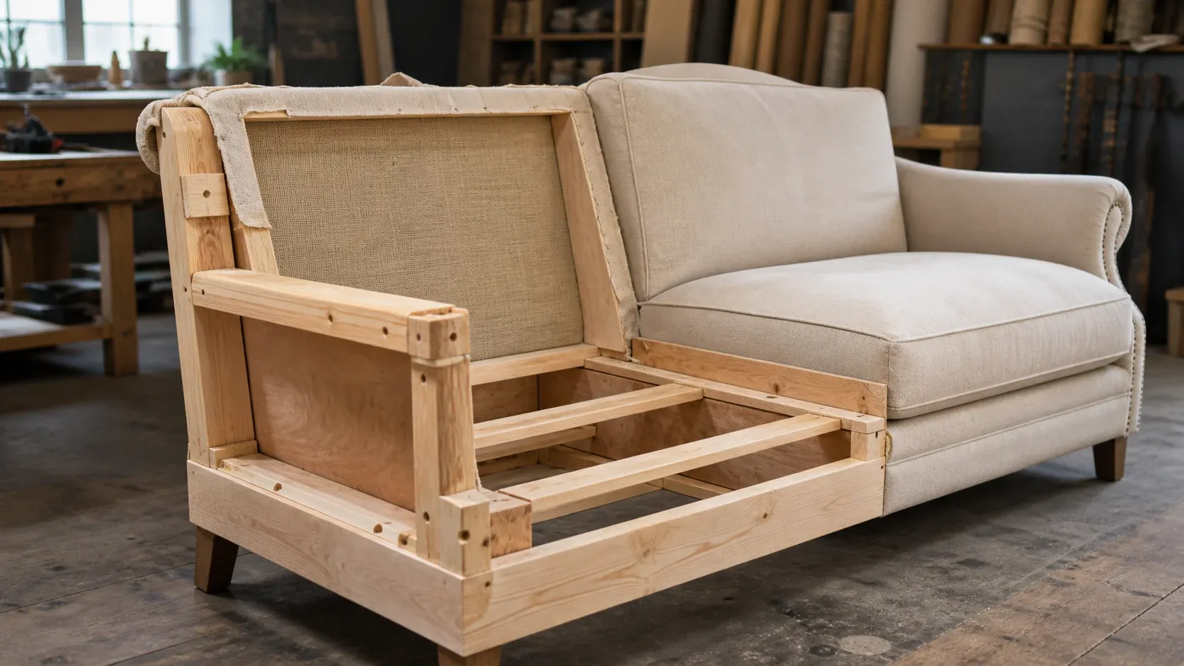 Partially upholstered sofa revealing wood rails, panels and reinforced joinery