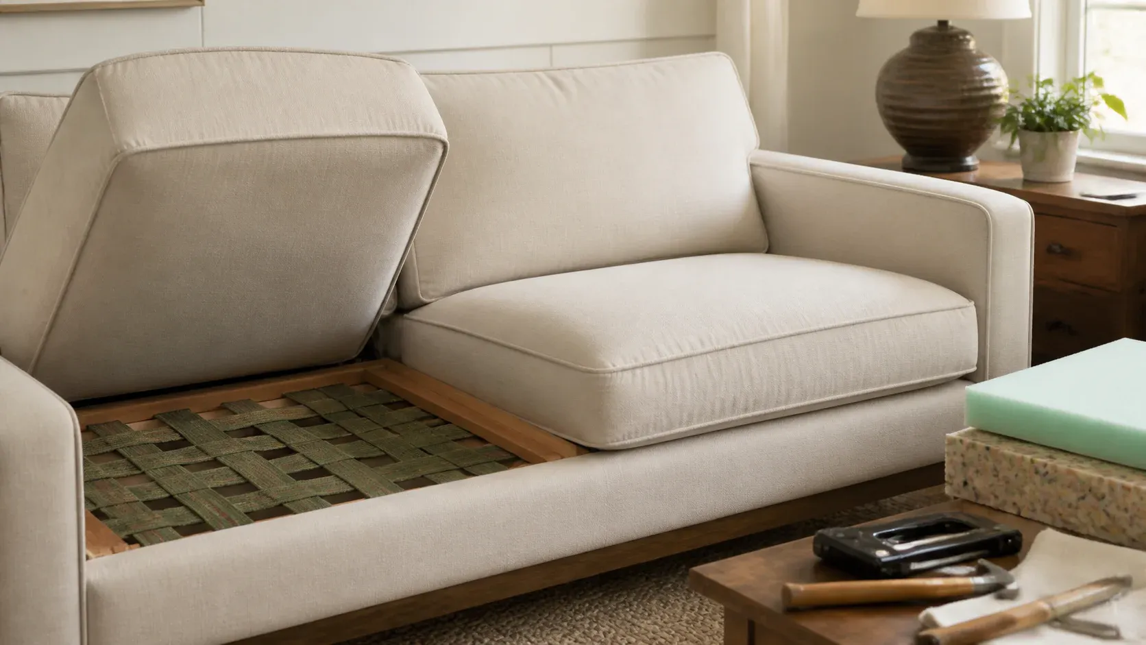 Sofa with a lifted cushion revealing the support deck beside replacement foam