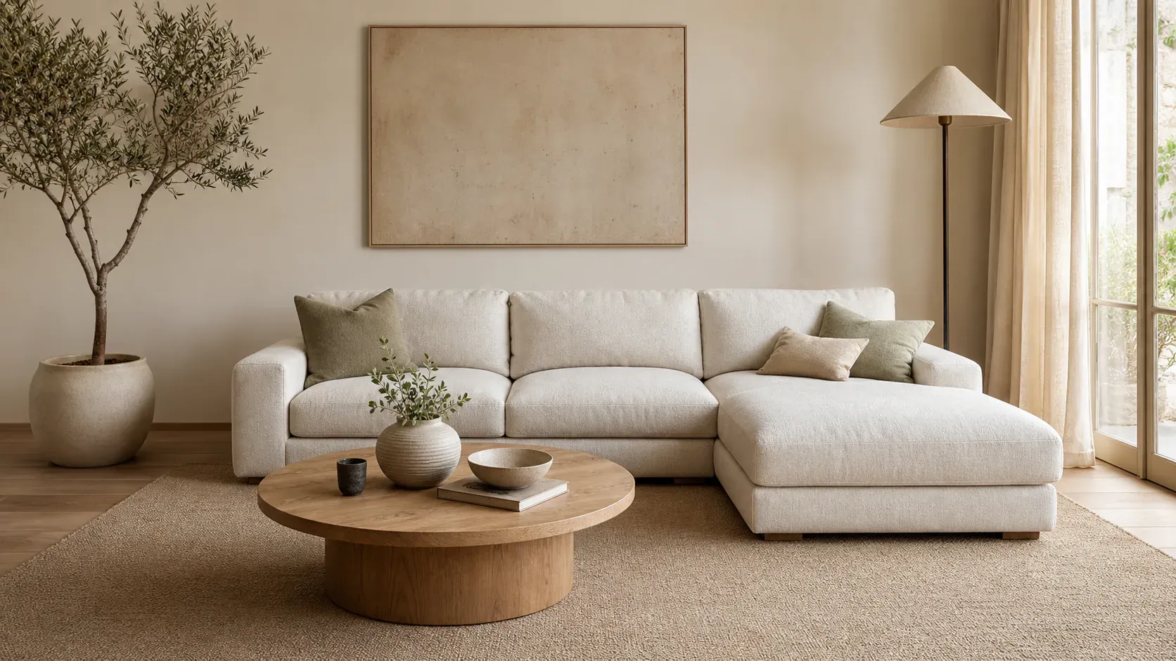 Cream sectional showing a deep seat and chaise in a warm neutral room