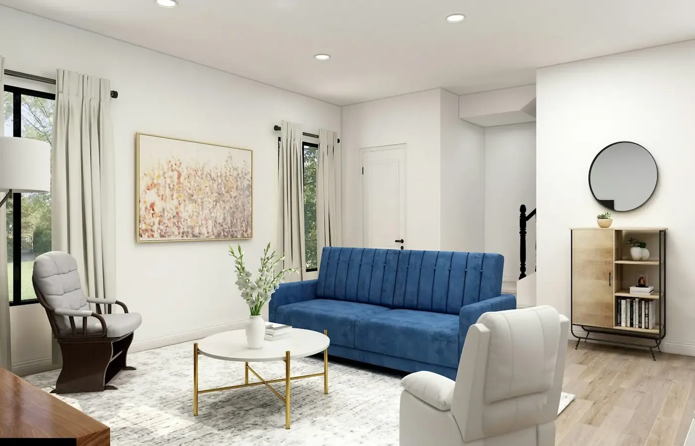 Living room sofa layout planned for wheelchair clearance
