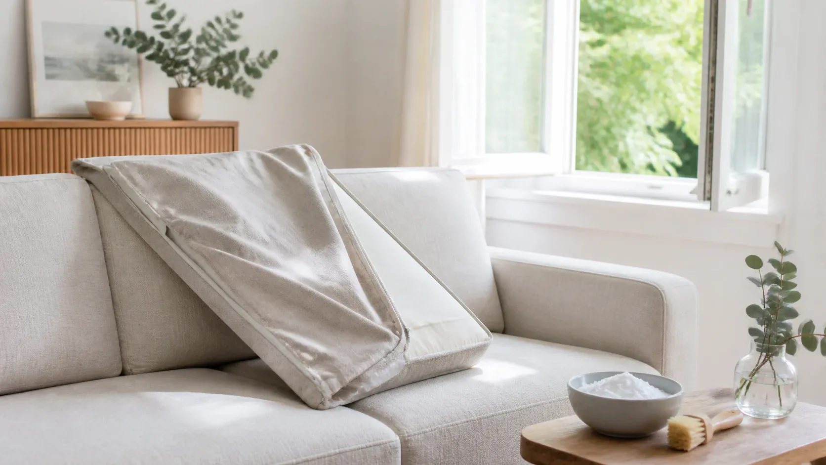 Neutral fabric sofa airing beside an open window with simple cleaning tools