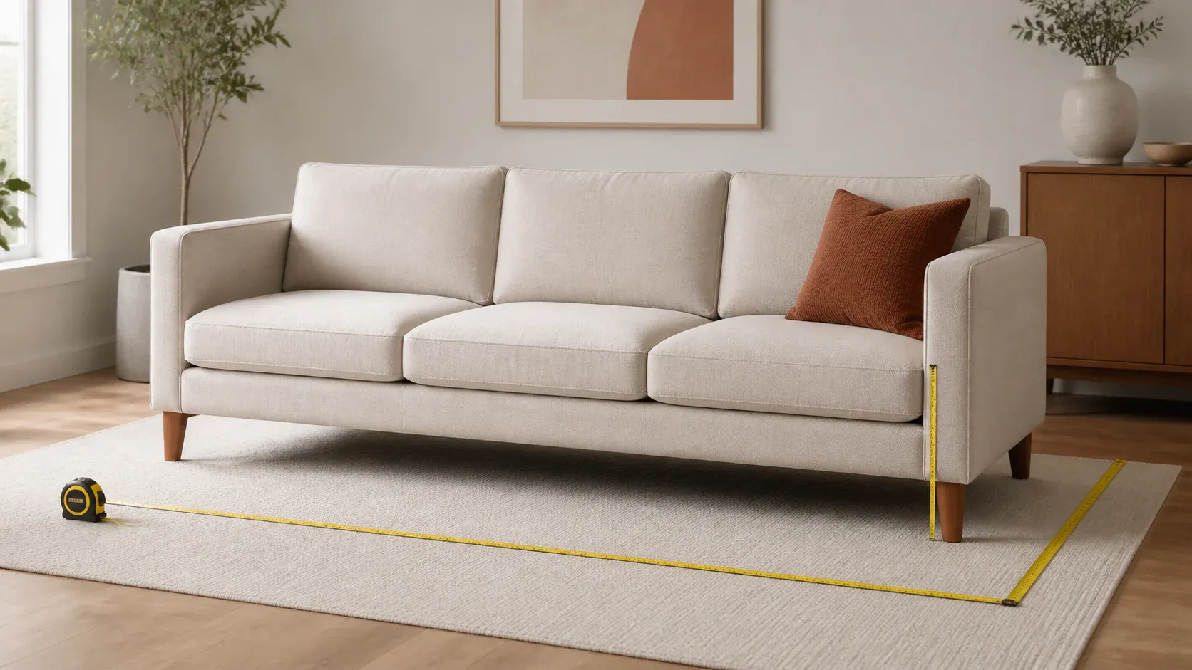 Three-seat sofa with a tape measure and subtle floor markers showing its proportions