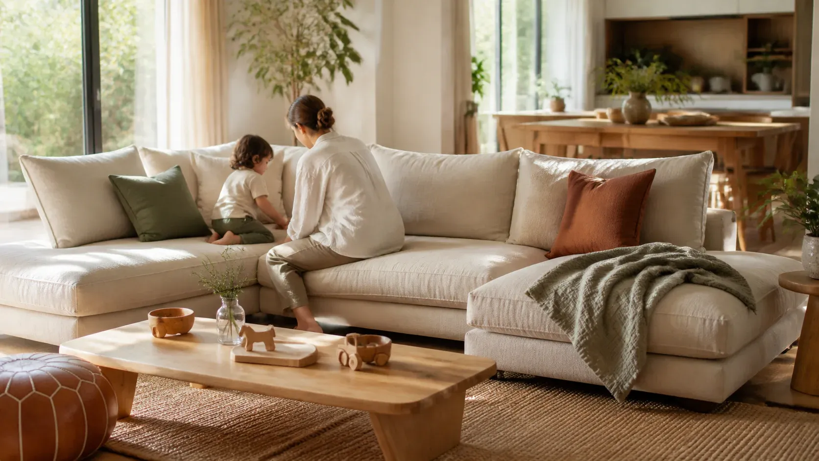 Durable modular sofa in a calm family living room with wooden toys nearby