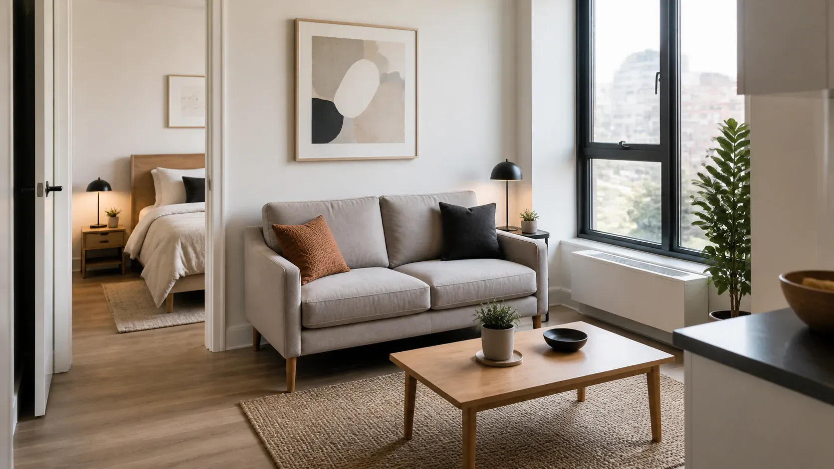 Apartment-scale sofa fitted into a compact living room with a clear walkway