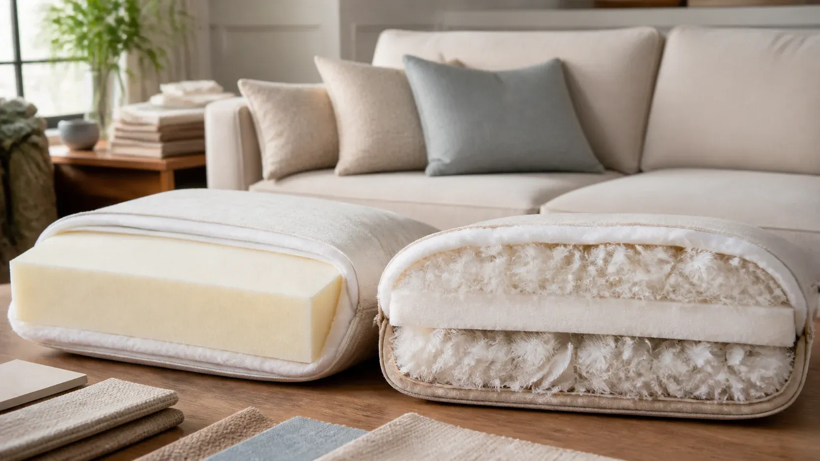 Foam-core and feather-wrapped cushion sections displayed beside a finished sofa