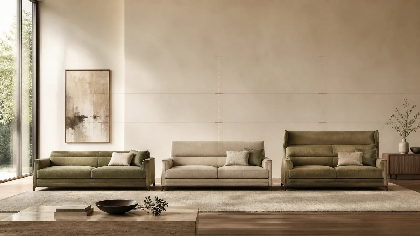Editorial comparison of low-back, medium-back and high-back sofas against a measured living-room wall