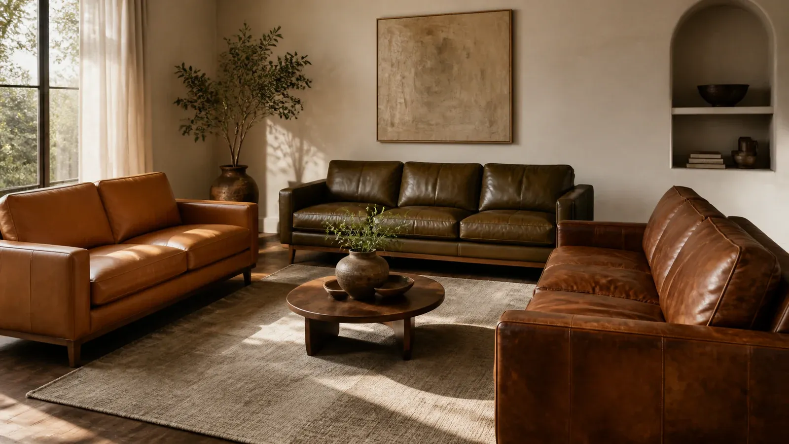 Editorial living room comparing protected, semi-aniline and natural leather sofa finishes