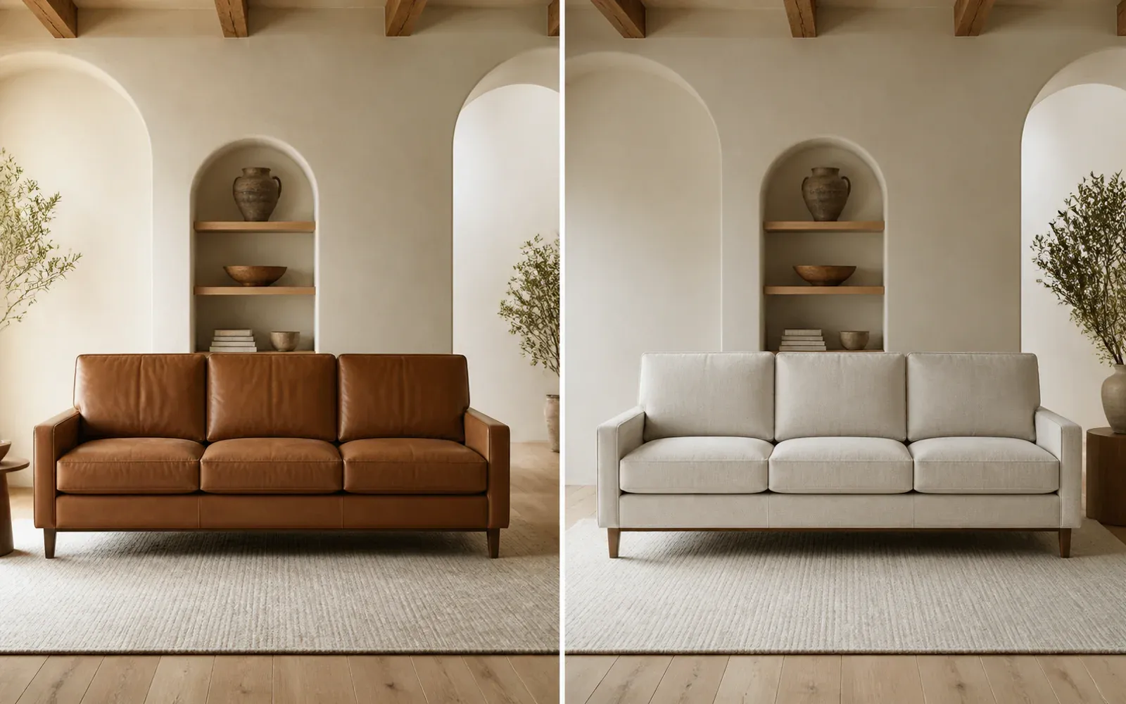 A warm contemporary living room split between a cognac leather sofa and a textured neutral fabric sofa