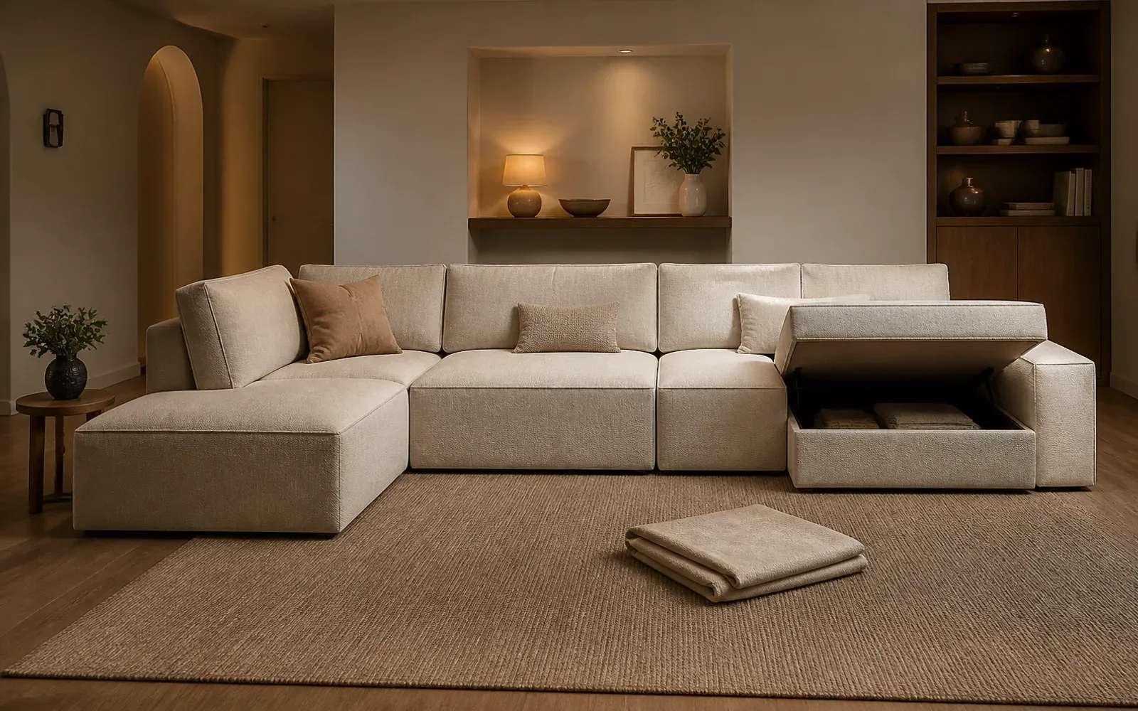 A large modular sectional arranged for a family movie room with washable neutral covers and discreet storage modules