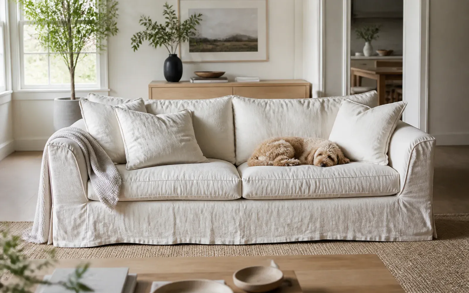 A relaxed premium slipcovered sofa with deep cushions in a softly layered family living room