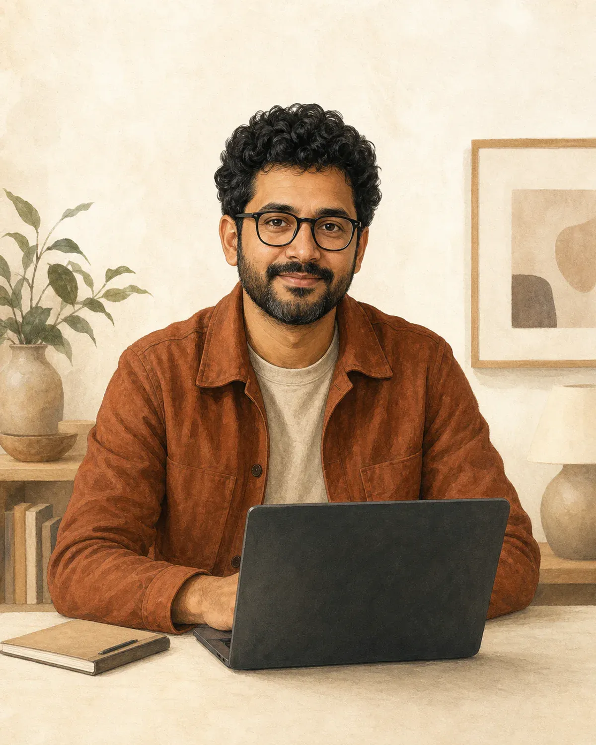 Illustrated portrait of Marcus Reed working at a laptop.