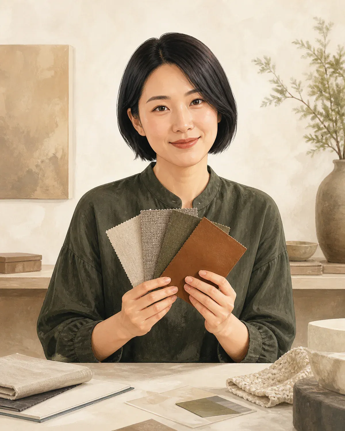 Illustrated portrait of Maya Chen holding upholstery samples.