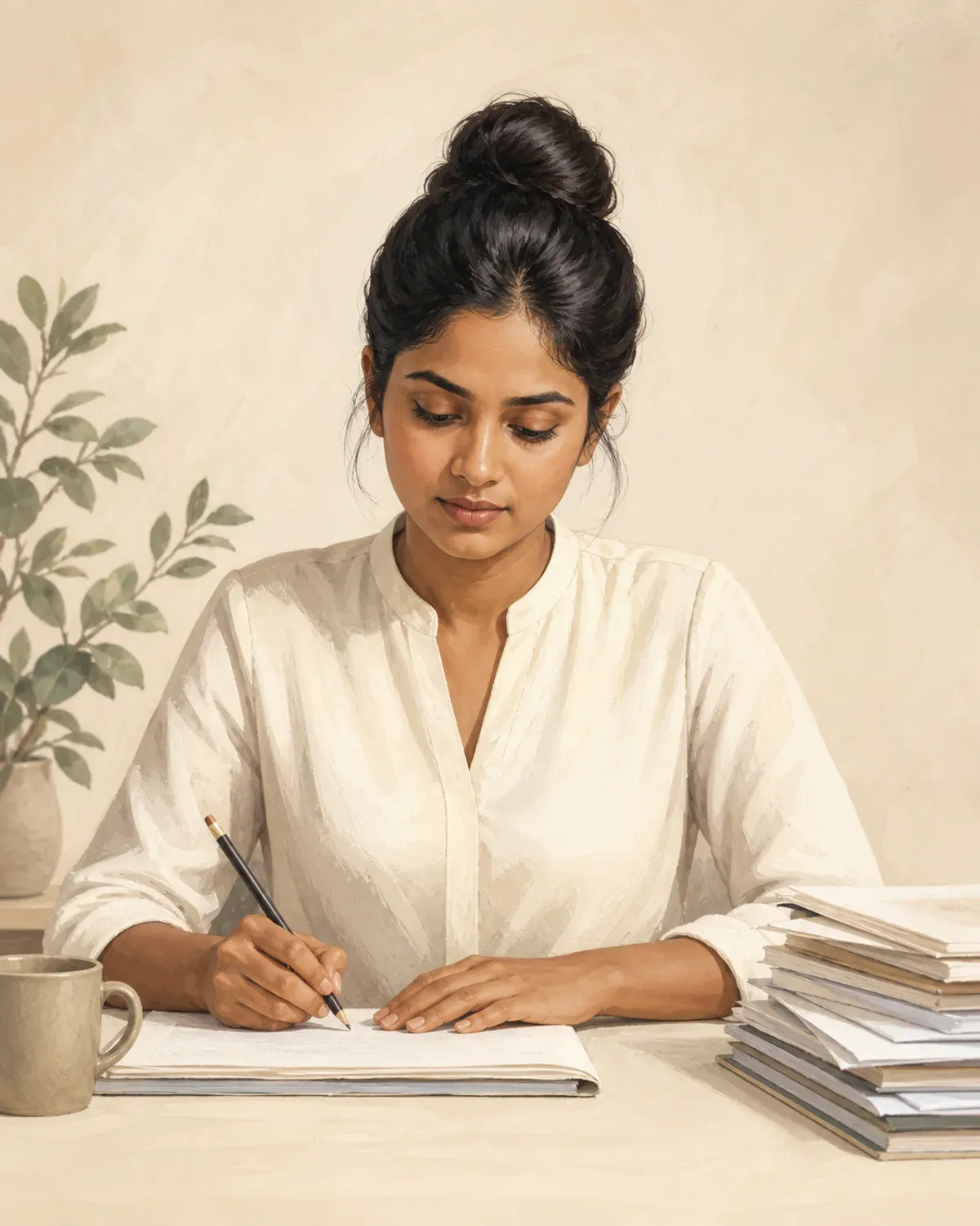 Illustrated portrait of Nina Patel checking notes and sources.
