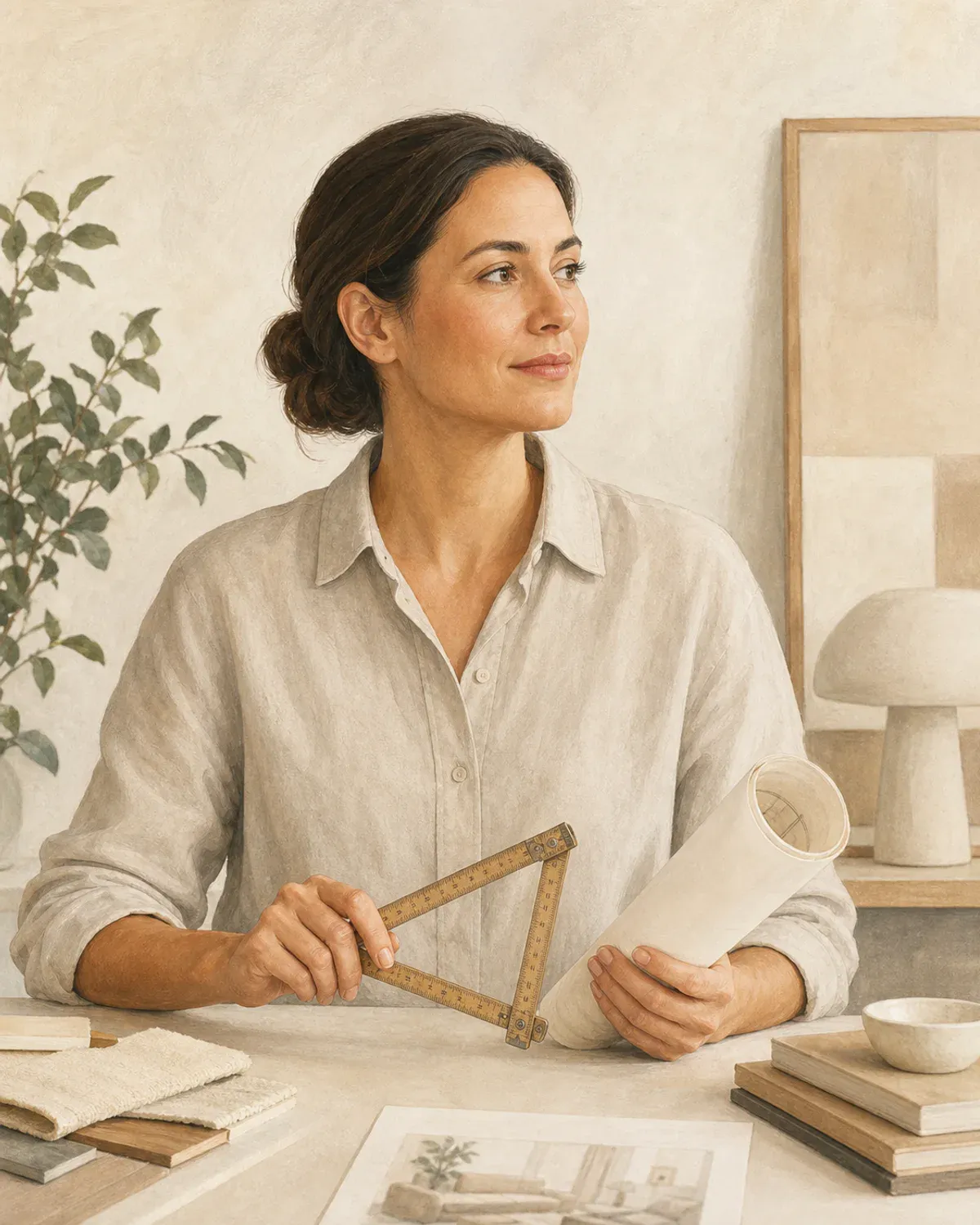 Illustrated portrait of Olivia Hart with a measuring ruler.