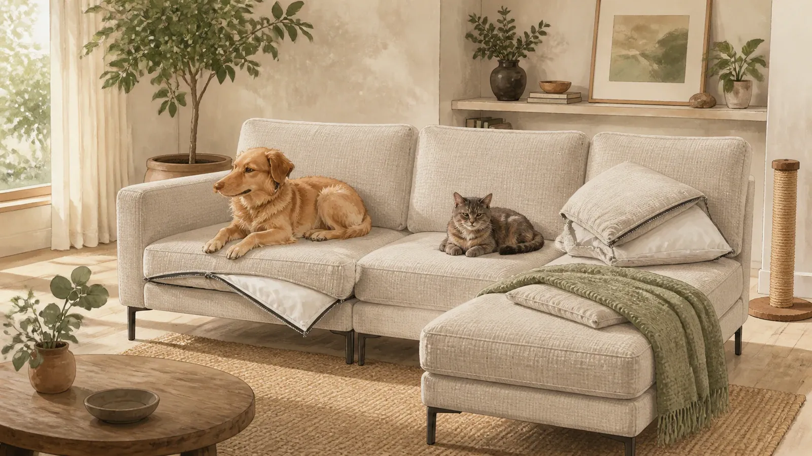 Editorial living room with a dog and cat on a durable tightly woven sofa with removable cushions