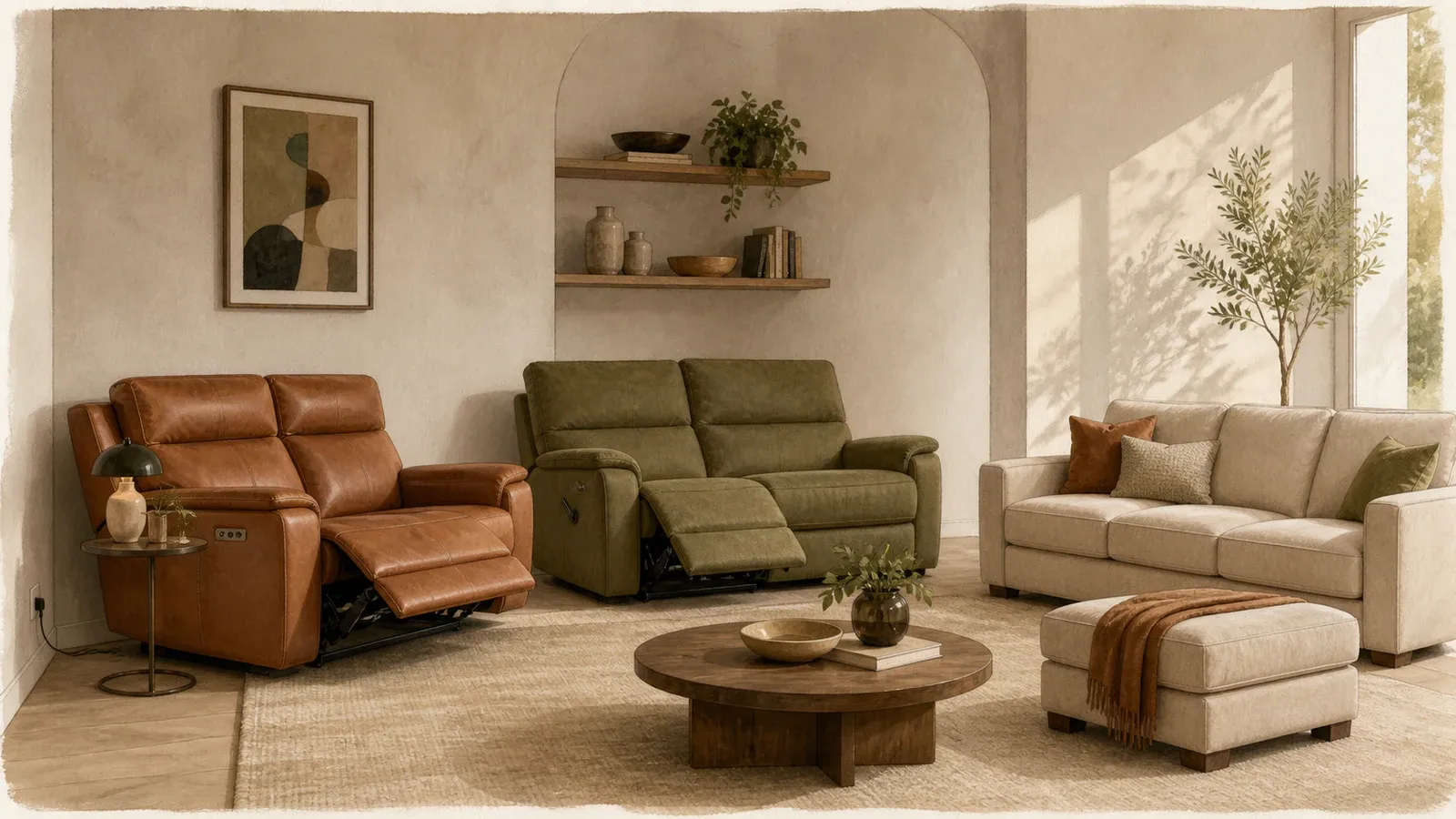 Editorial living room comparing manual, power and wall-hugger recliner sofa mechanisms
