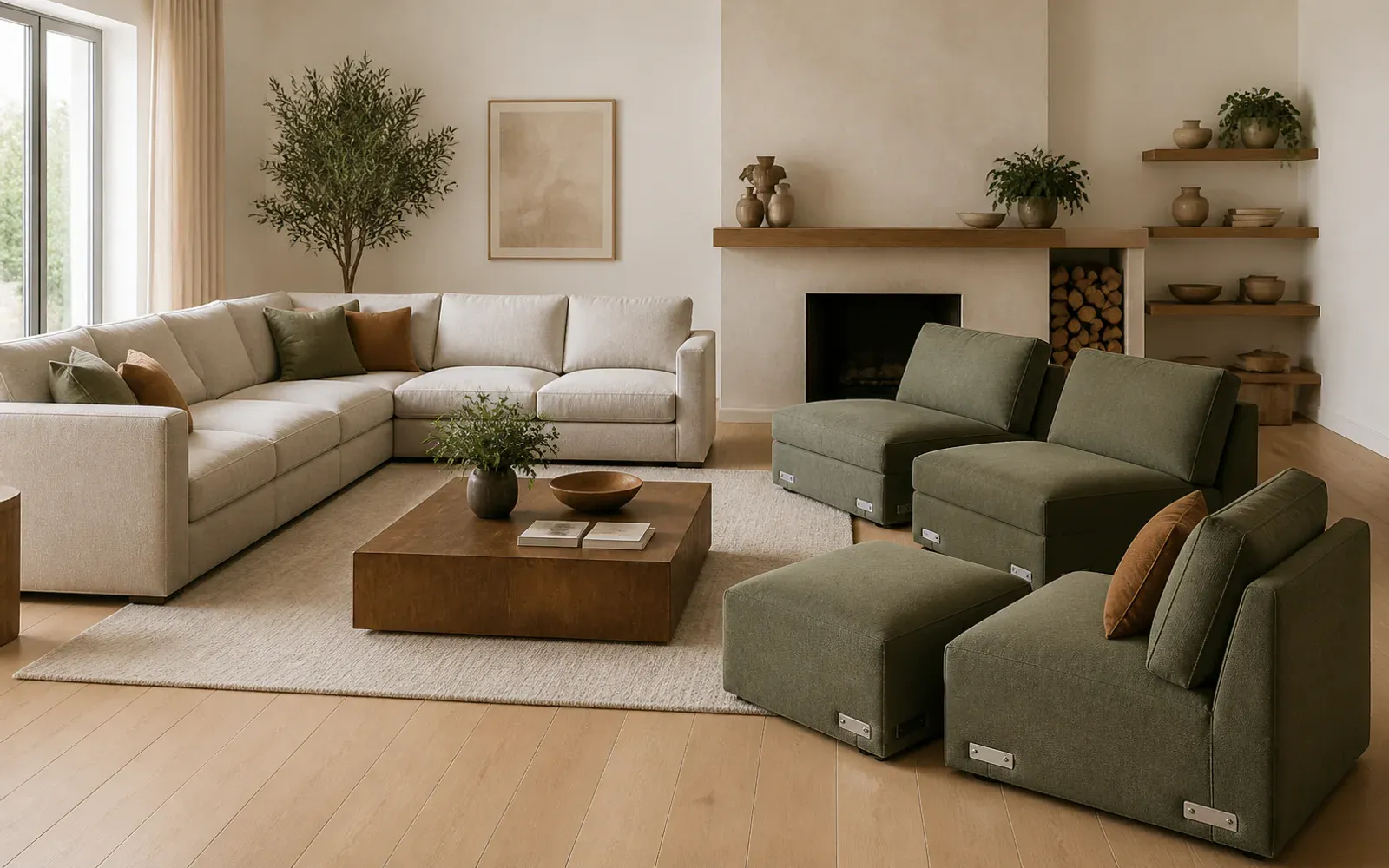 A living room showing a fixed L-shaped sectional opposite rearrangeable modular sofa units