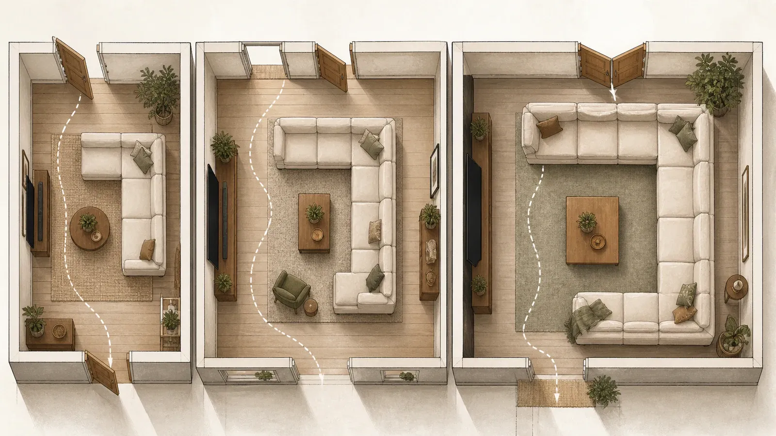 Overhead editorial comparison of compact L-shaped, modular and U-shaped sectional sofa layouts