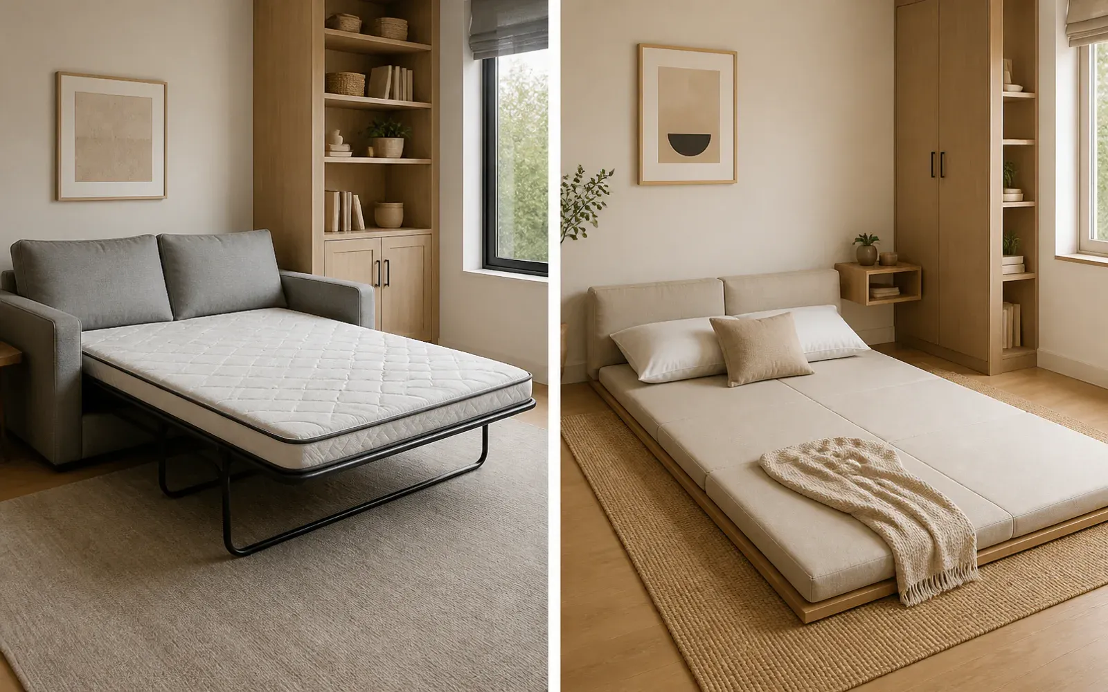 A pull-out sleeper sofa and a fold-flat sofa bed prepared for guests in two compact rooms