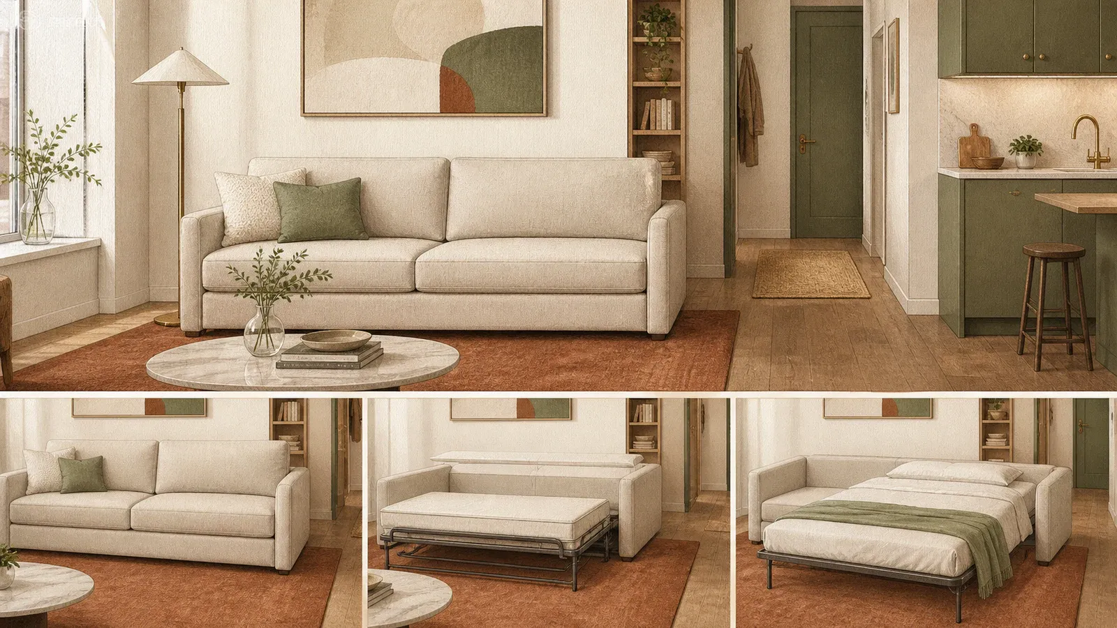 Editorial room comparing pull-out, platform and click-clack sofa bed conversion systems