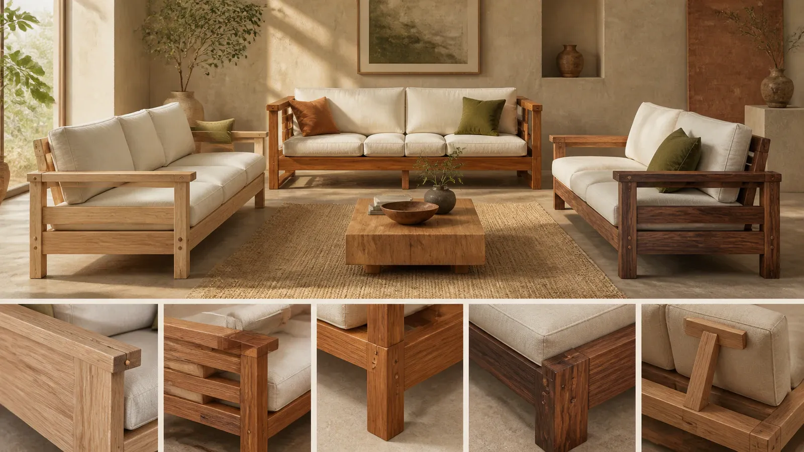 Editorial room featuring several exposed solid-wood sofa frames with neutral cushions