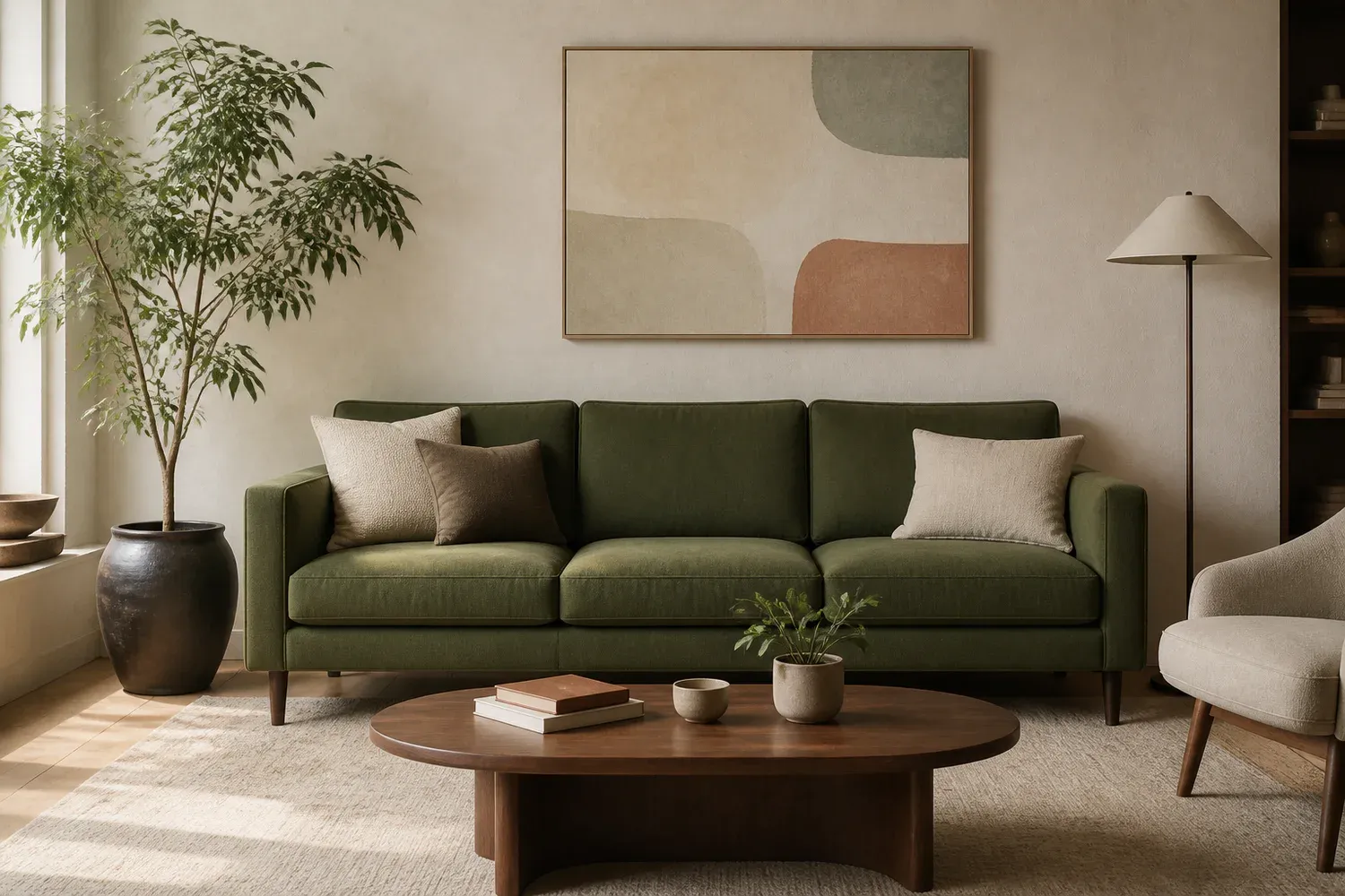 Olive green sofa in a warm, softly lit living room.