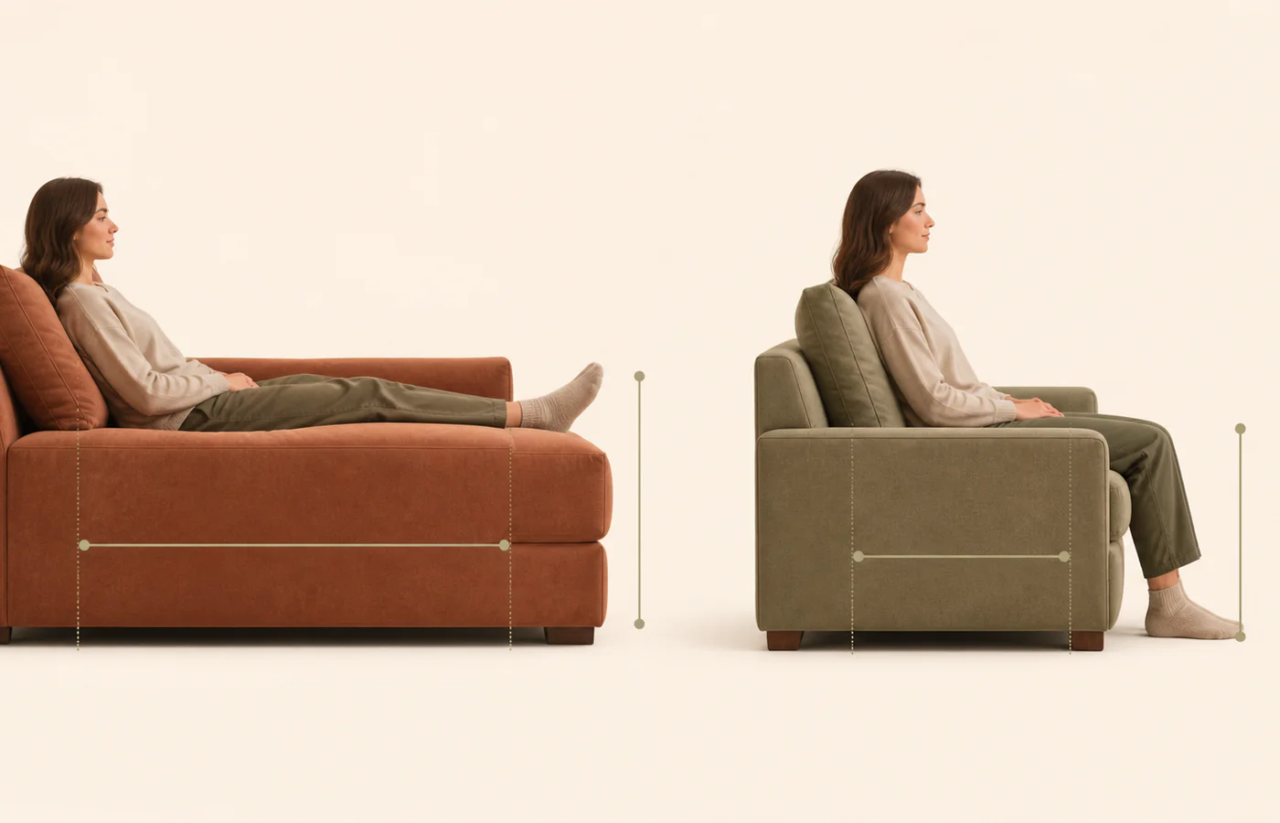 A deep sofa with a reclined sitter beside a standard-depth sofa with an upright sitter and subtle dimension guides