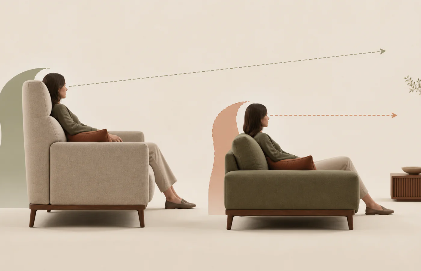 A high-back sofa and low-back sofa shown in side profile with contrasting support zones and sightlines