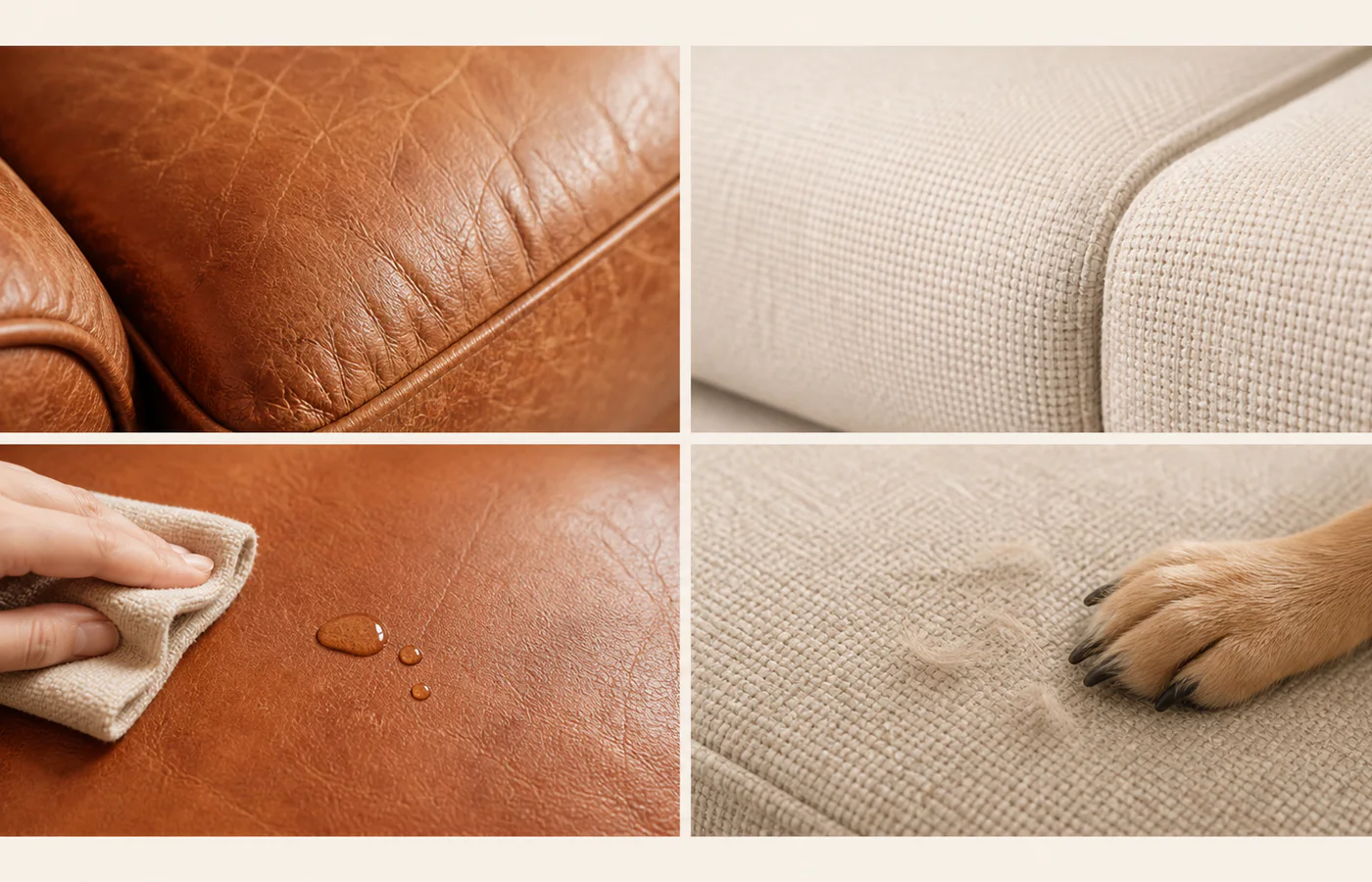 Close views comparing leather grain, fabric weave, liquid cleanup and pet-claw contact