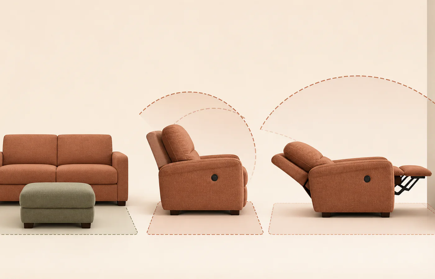 A fixed sofa and ottoman beside closed and fully extended recliner sofa positions with clearance arcs