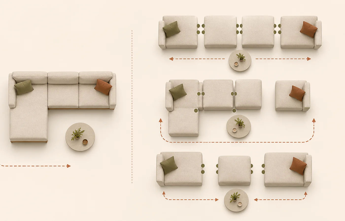 A fixed L-shaped sectional beside three arrangements made from separate modular sofa units