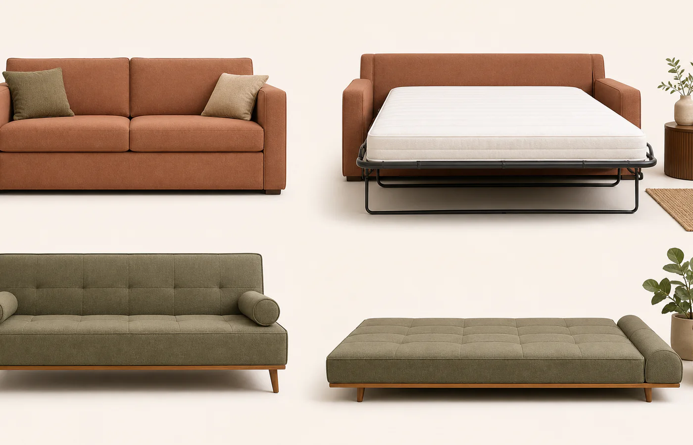 A pull-out mattress sleeper and fold-flat sofa bed shown in sitting and sleeping configurations