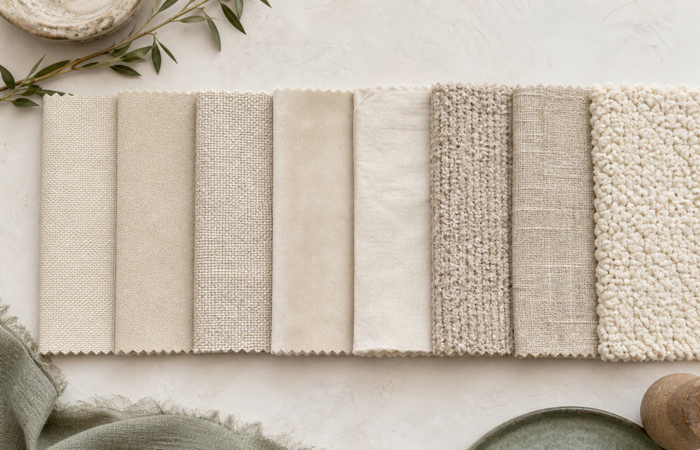 Eight neutral upholstery swatches arranged from smooth tight weaves to loose looped textures