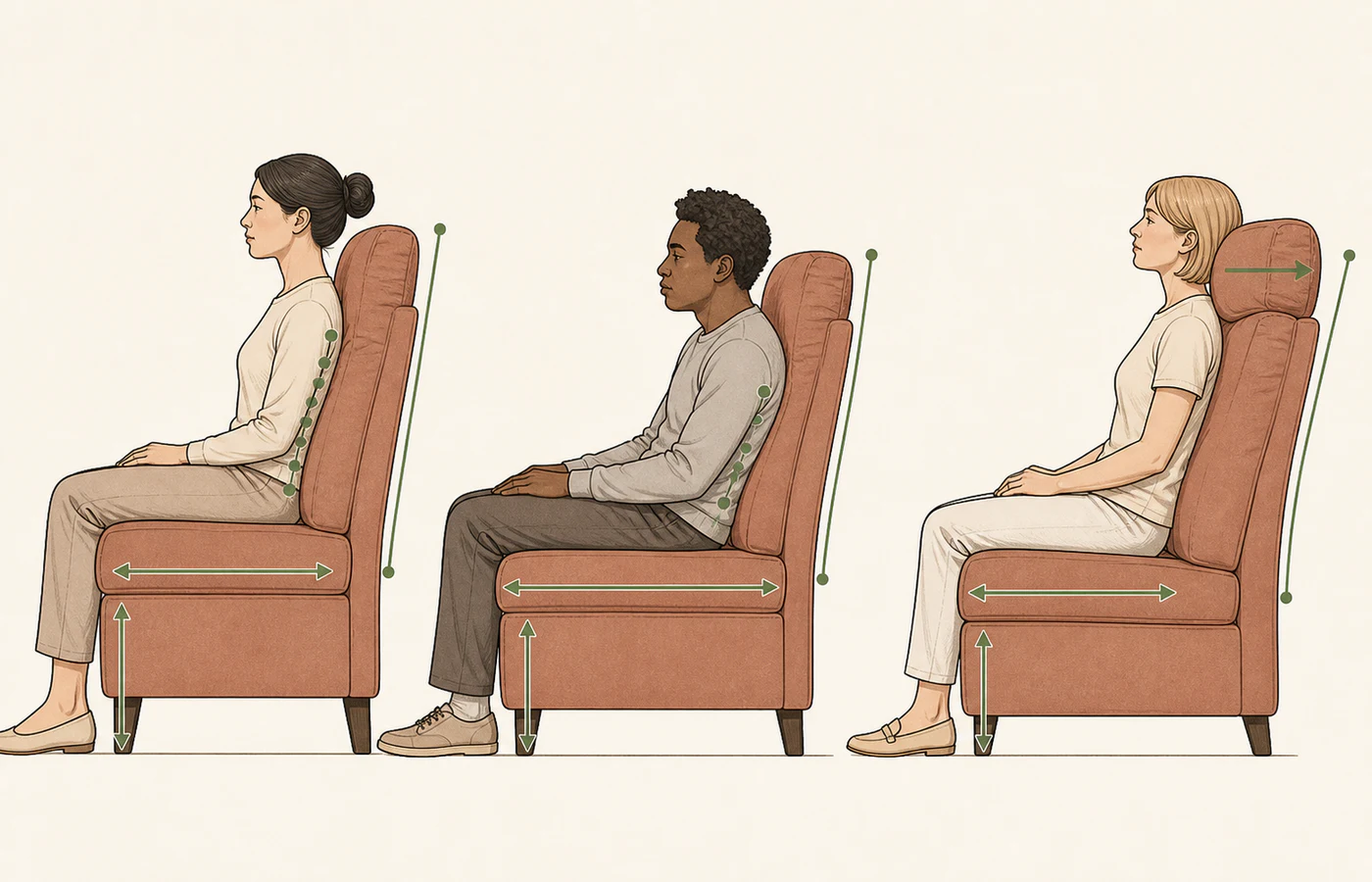 Side-view ergonomic comparison of a correct high-back sofa fit, an overly deep seat and a head cushion that pushes the sitter forward
