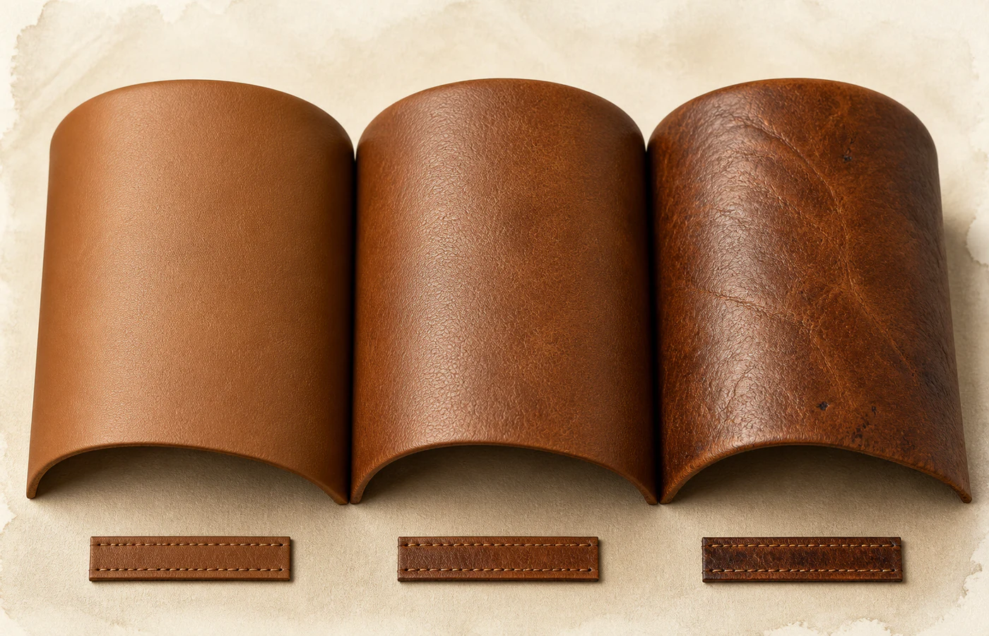 A close editorial comparison of protected, semi-aniline and aniline leather surfaces showing changes in grain, sheen and color variation