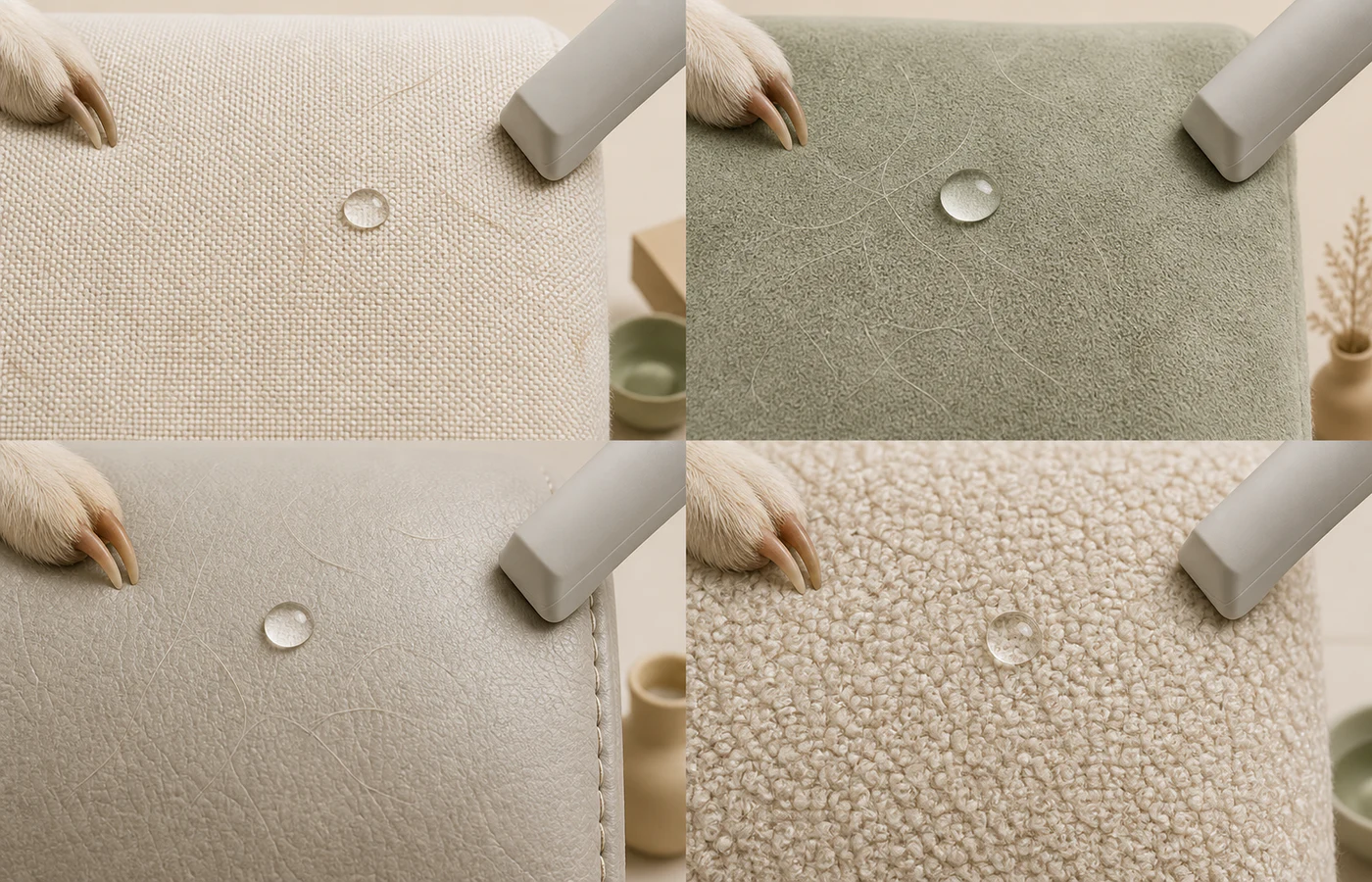 Editorial comparison of pet hair, a blunt claw, a water droplet and a vacuum tool across tight performance weave, microfiber, leather and bouclé swatches